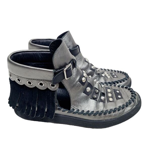 Coach Roccasin Cut Out Sneakers 5 Black Metallic Silver Studded Fringe Booties - Picture 3 of 8